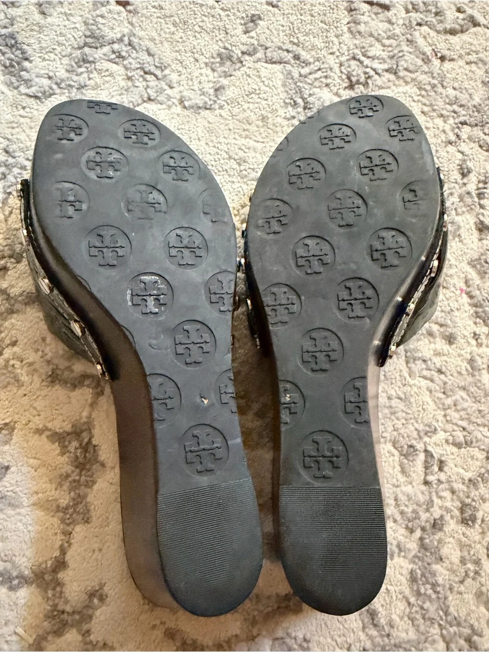 Tory Burch Black Patent Logo Slide Sandals with Embellished Medallions